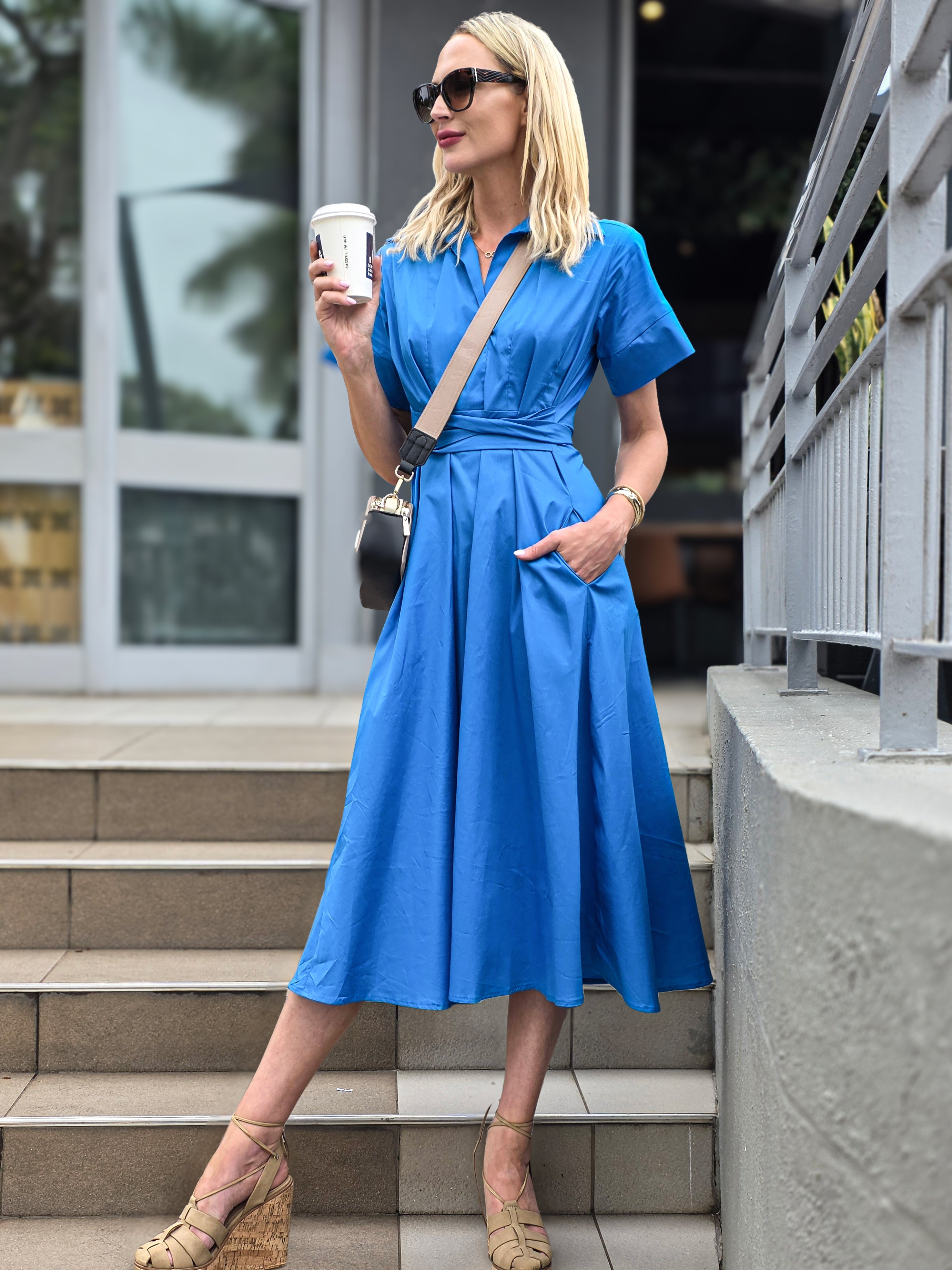 Rosey - Brilliant Blue Poplin : Collared A-line dress