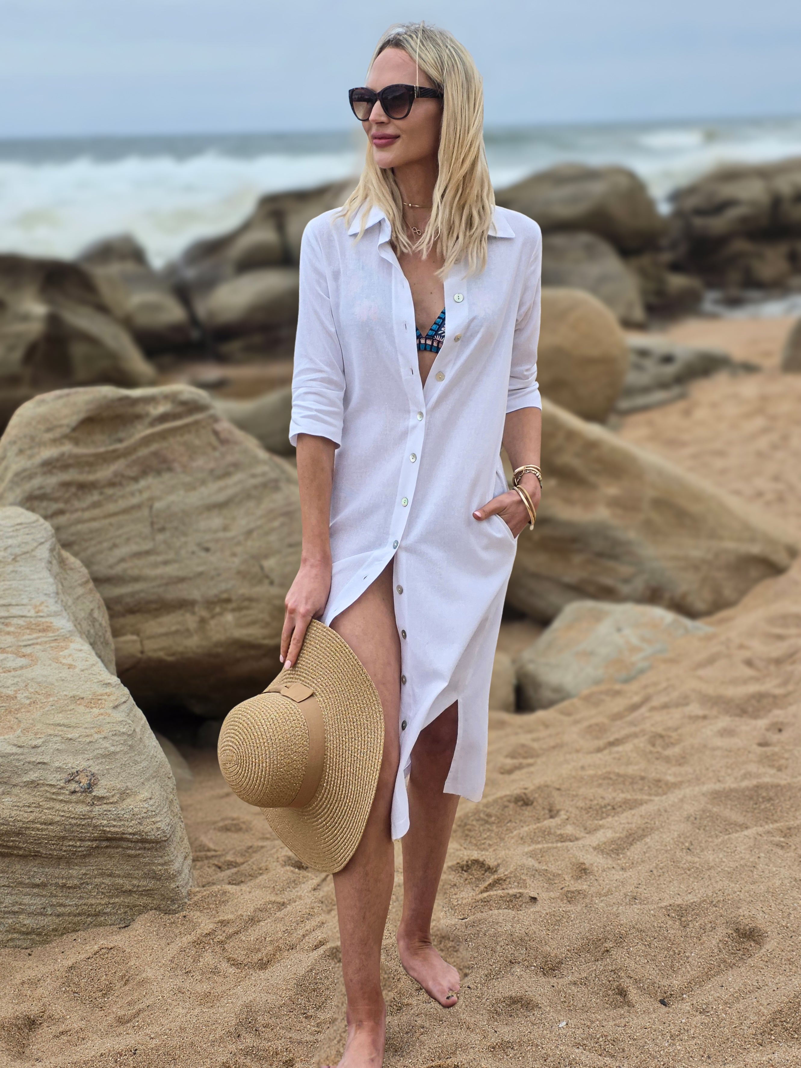 Sarah - White linen blend: Classic midi shirt dress