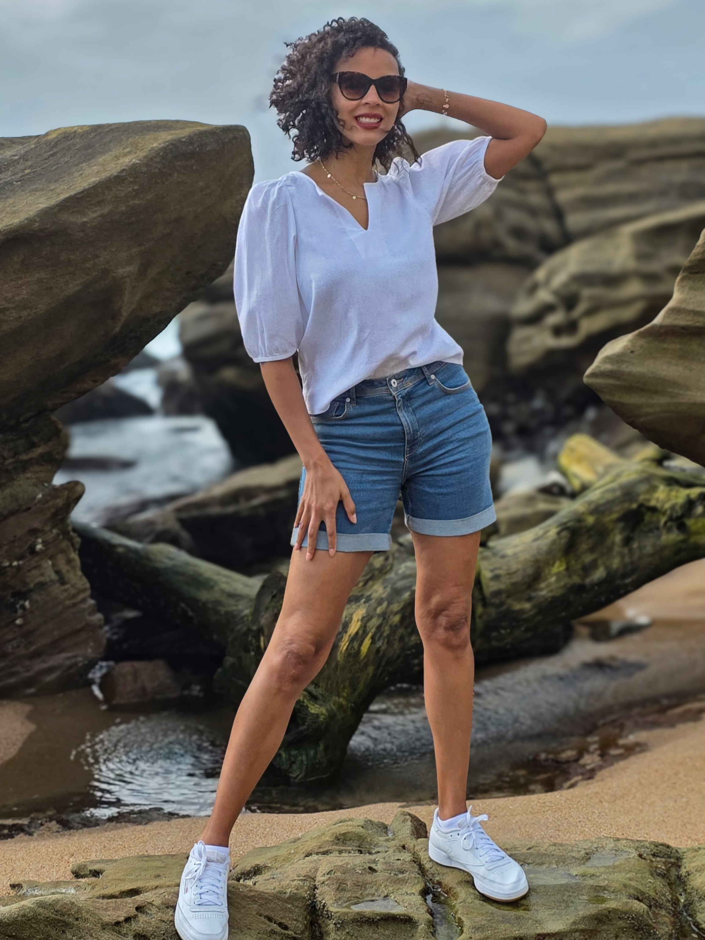 Luca - White: Classic V-neck blouse with elasticated sleeves