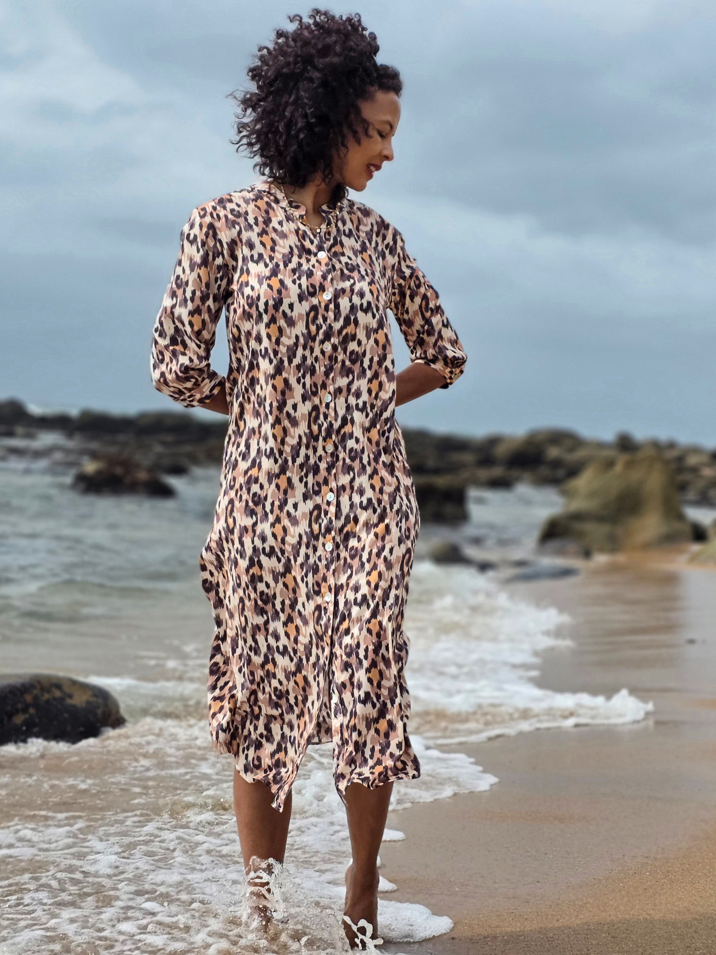 Beauty - Waterfall Leopard: Classic Shirt dress with 3/4 sleeves