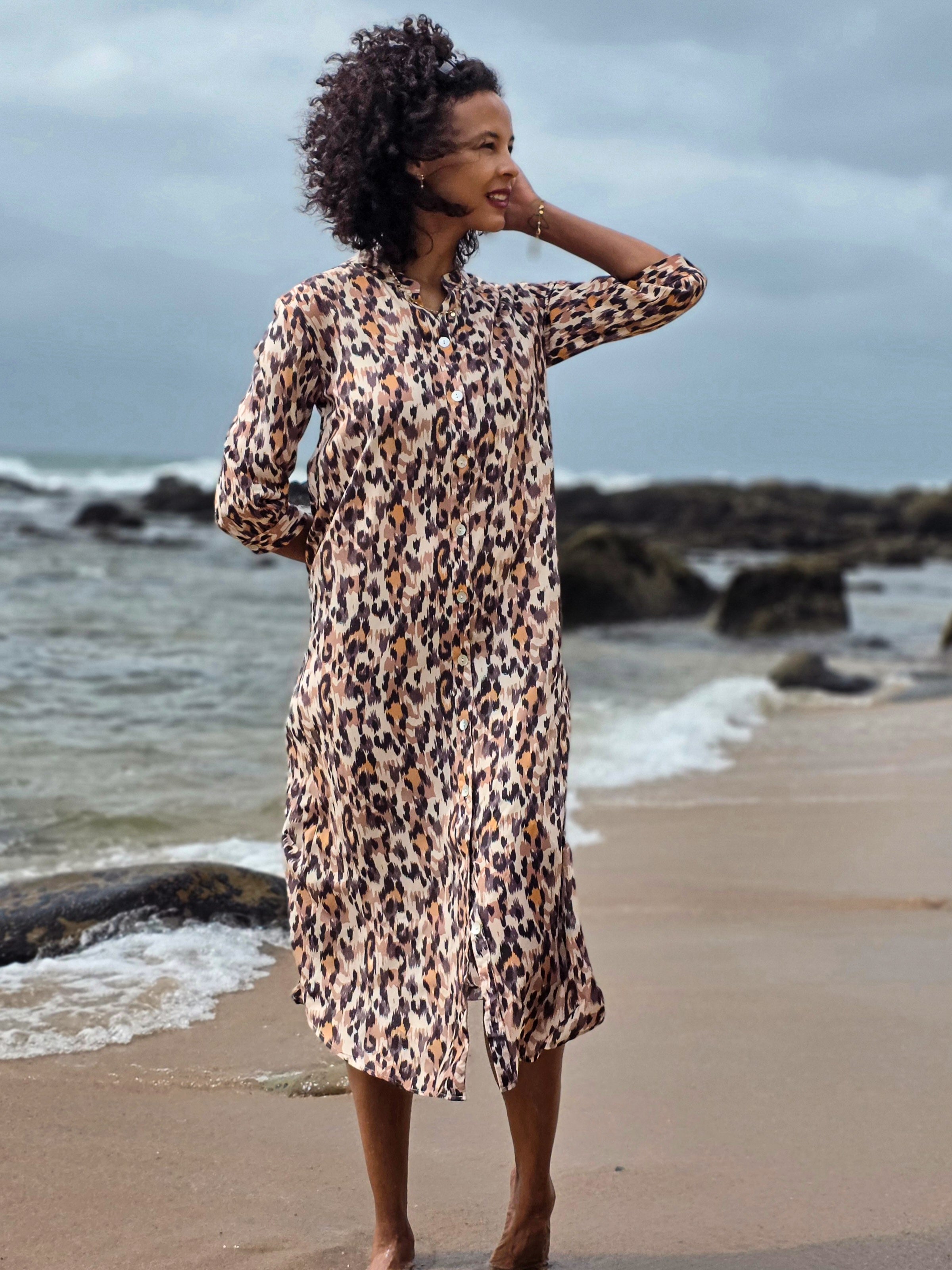 Beauty - Waterfall Leopard: Classic Shirt dress with 3/4 sleeves