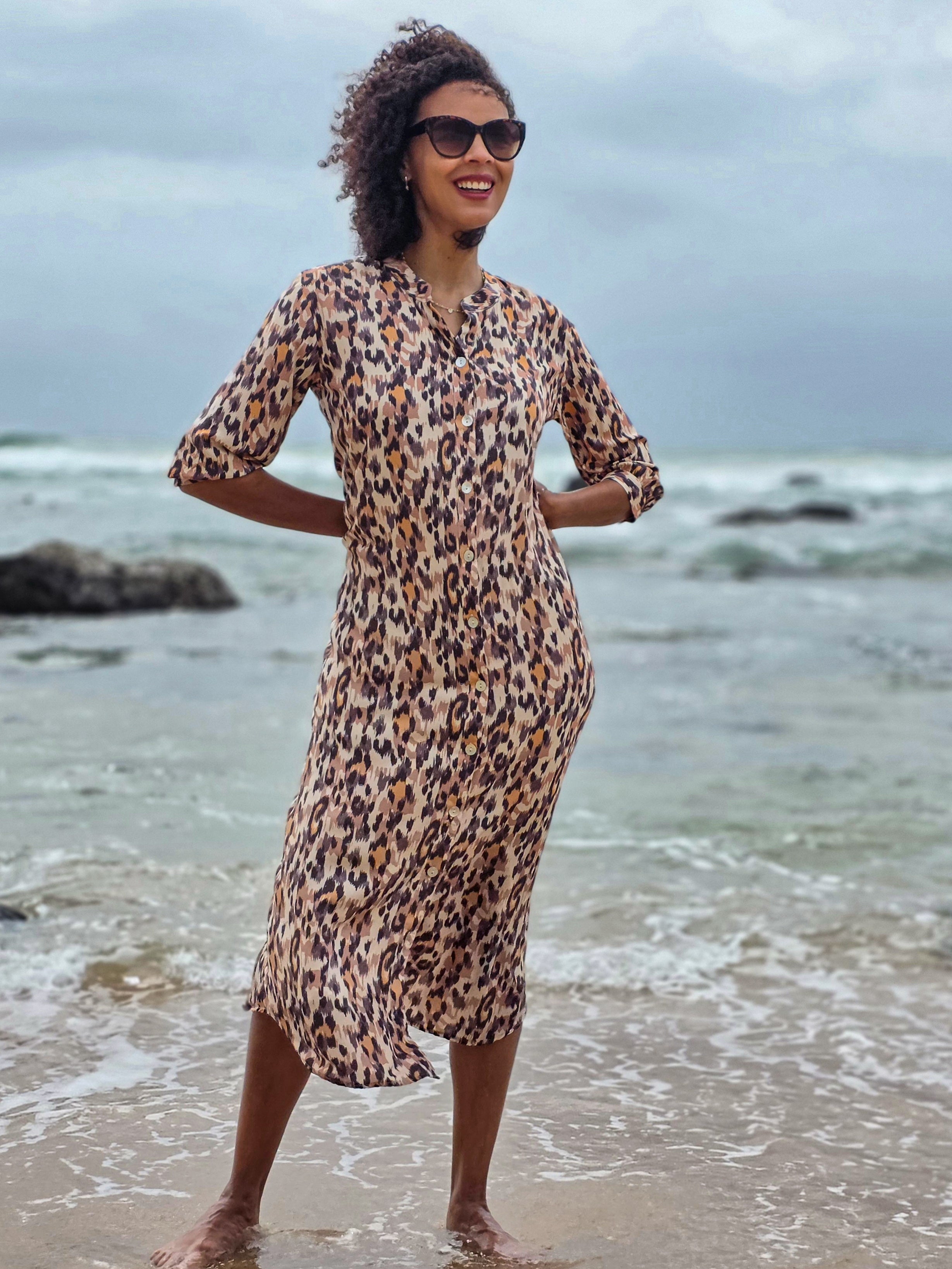 Beauty - Waterfall Leopard: Classic Shirt dress with 3/4 sleeves