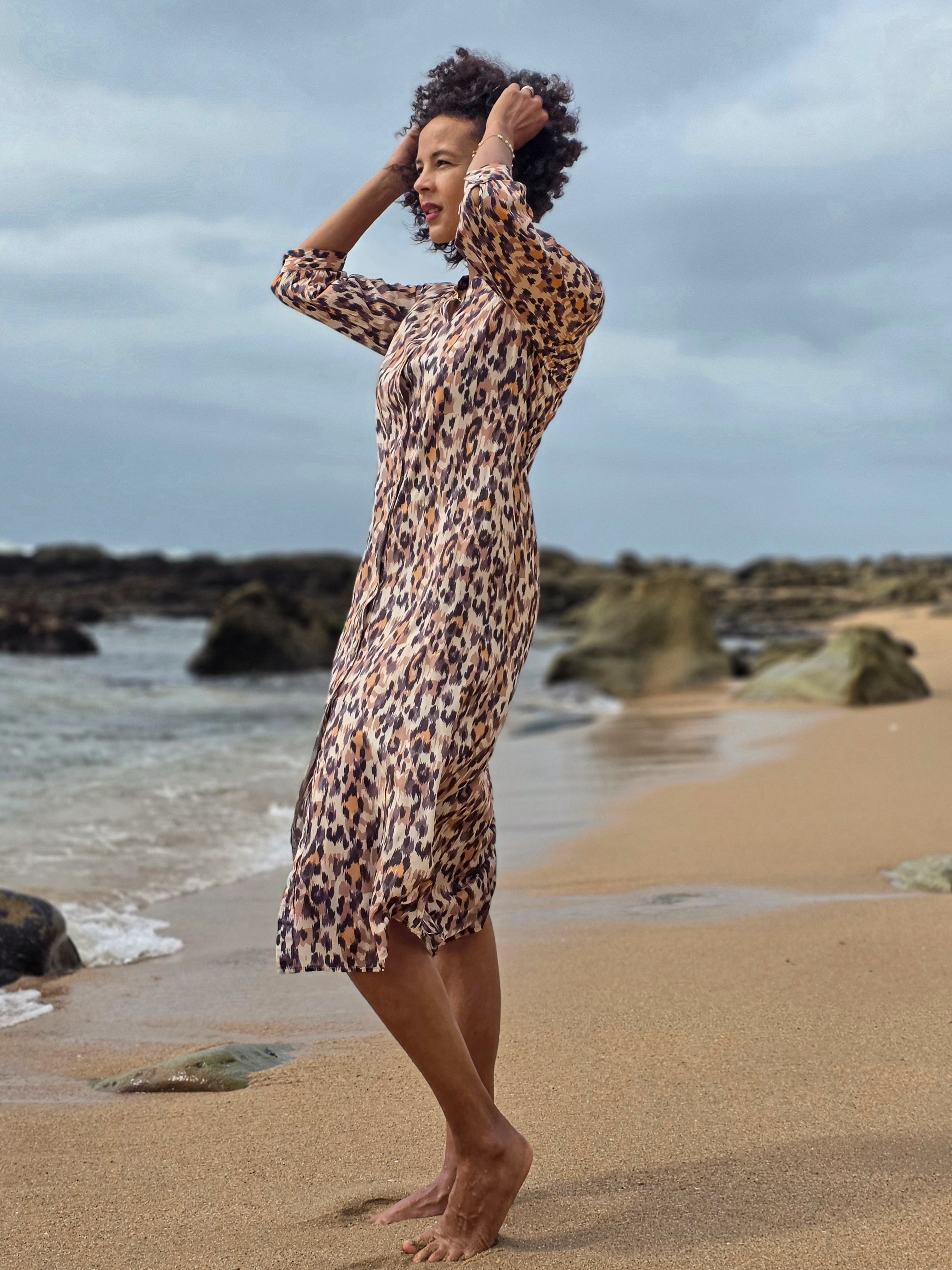 Beauty - Waterfall Leopard: Classic Shirt dress with 3/4 sleeves