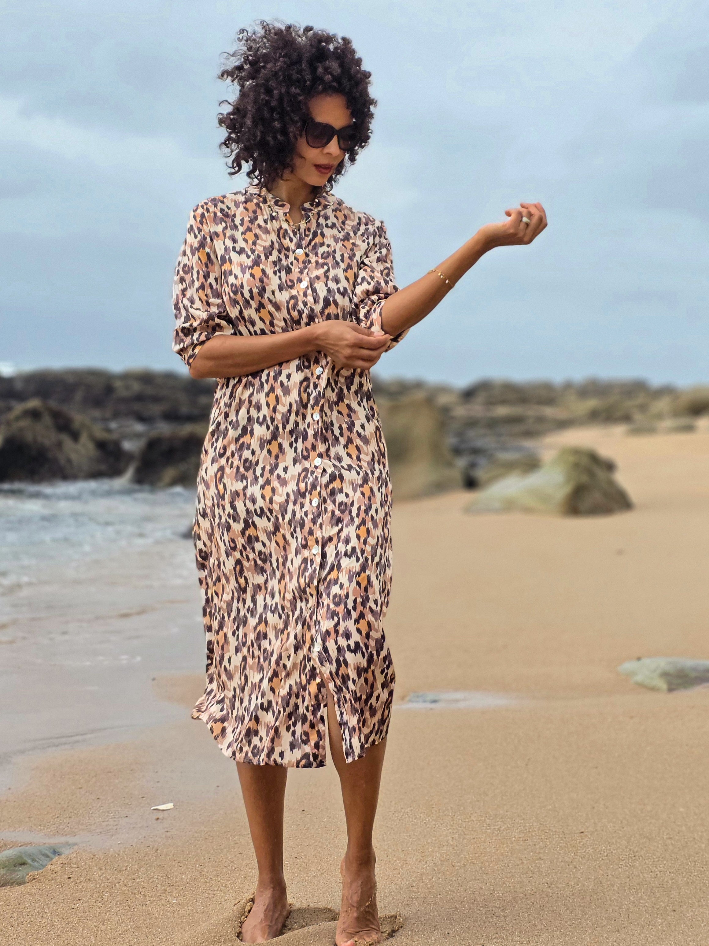 Beauty - Waterfall Leopard: Classic Shirt dress with 3/4 sleeves
