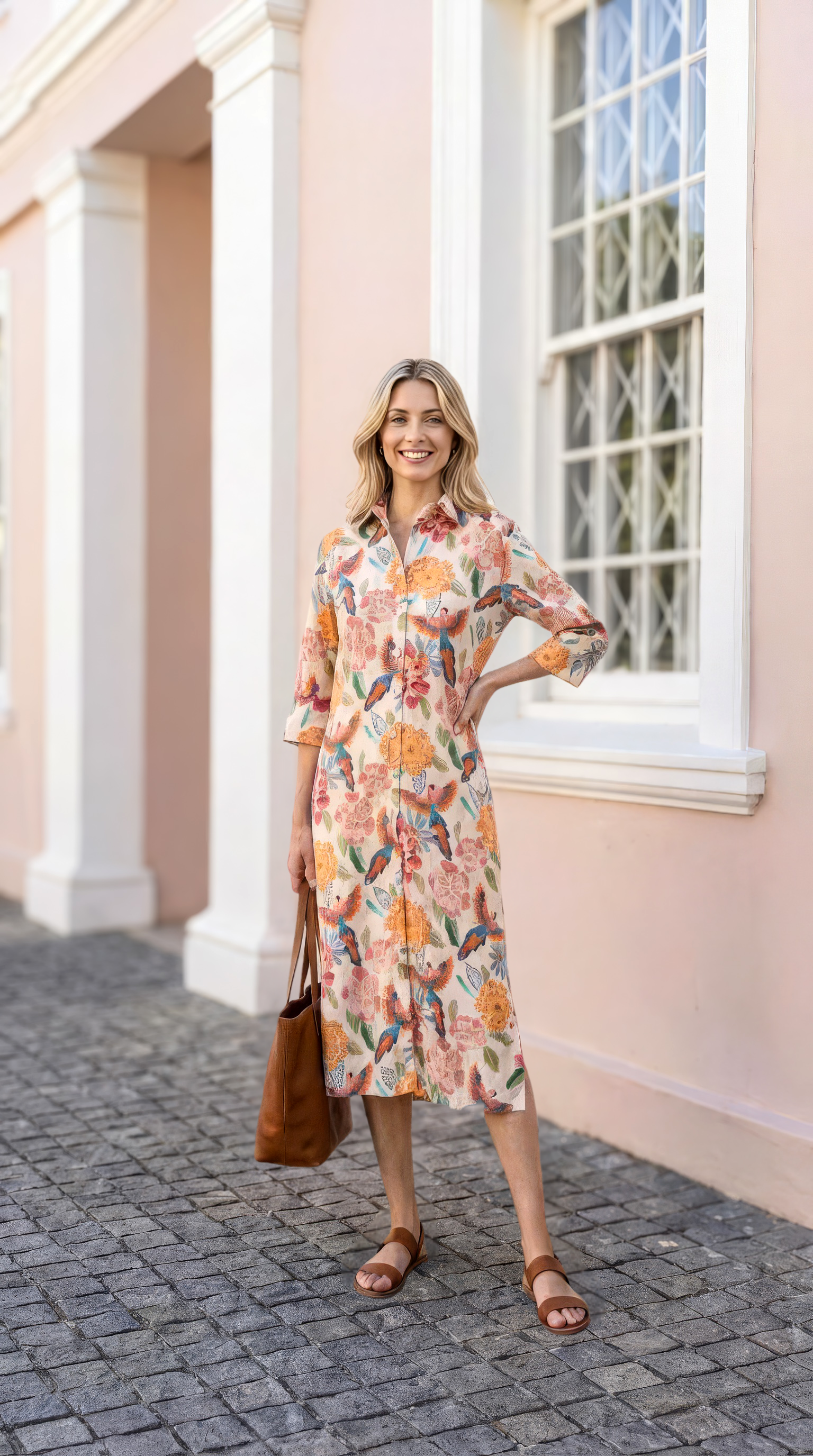 Sarah - Tropical Island: Classic midi shirt dress in Rayon linen