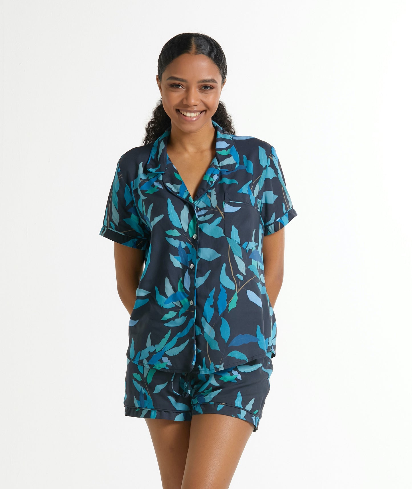 Nikki- Midnight Leaf: Short Sleeve Sleepwear Set button-up with elasticated shorts.