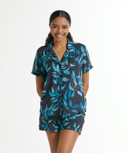 Nikki- Midnight Leaf: Short Sleeve Sleepwear Set button-up with elasticated shorts.