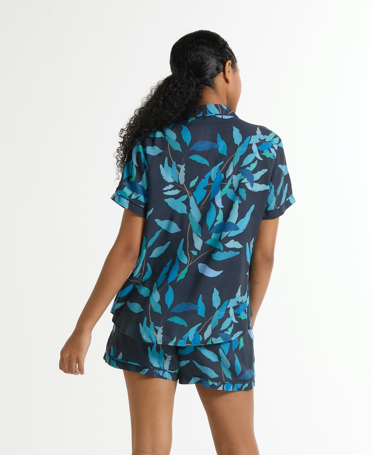 Nikki- Midnight Leaf: Short Sleeve Sleepwear Set button-up with elasticated shorts.