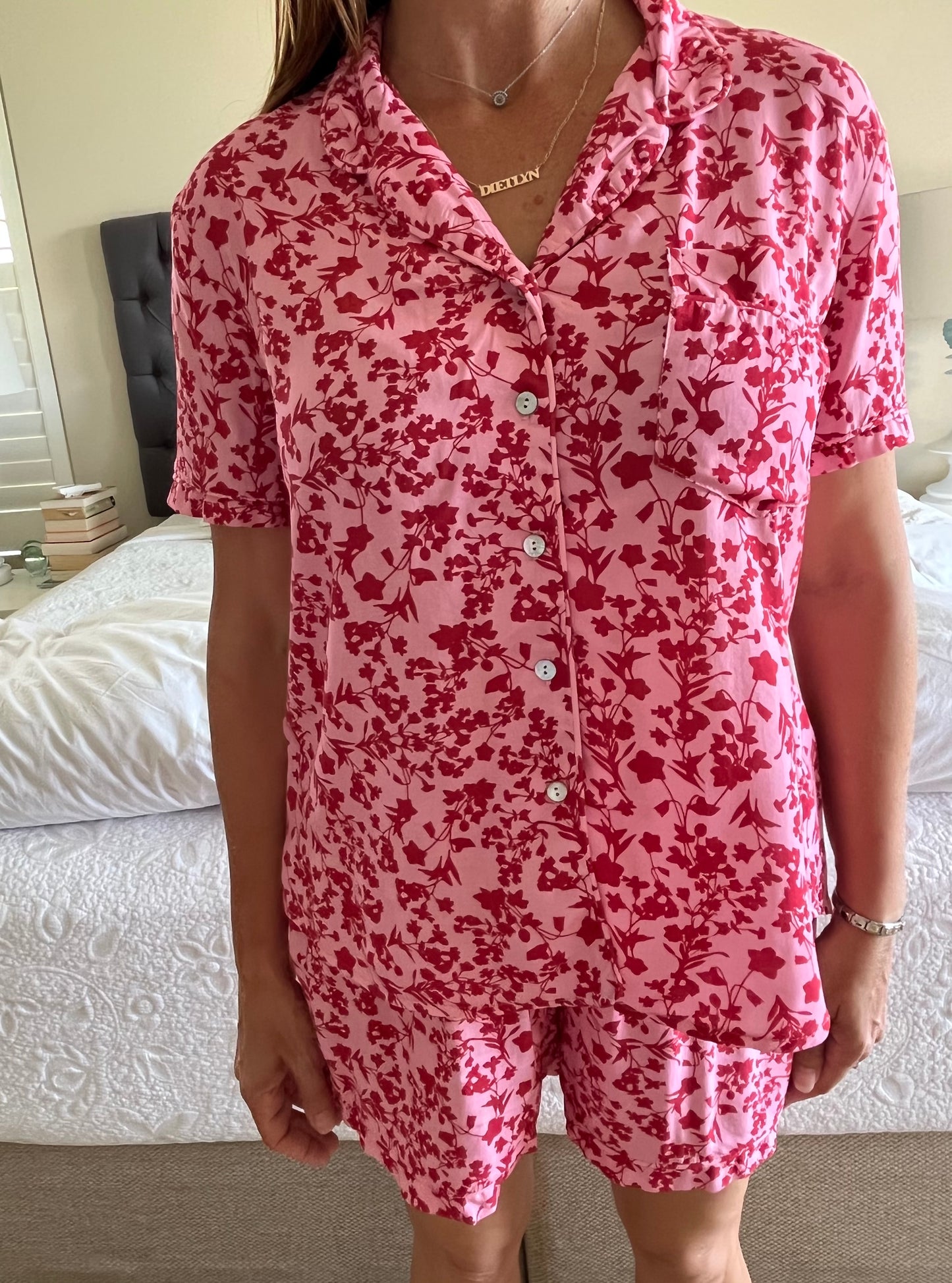 Nikki- Summer Brights: Short Sleeve Sleepwear Set button-up with elasticated shorts.