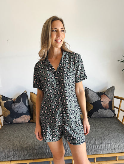 Nikki- Wild Leopard: Short Sleeve Sleepwear Set button-up with elasticated shorts.